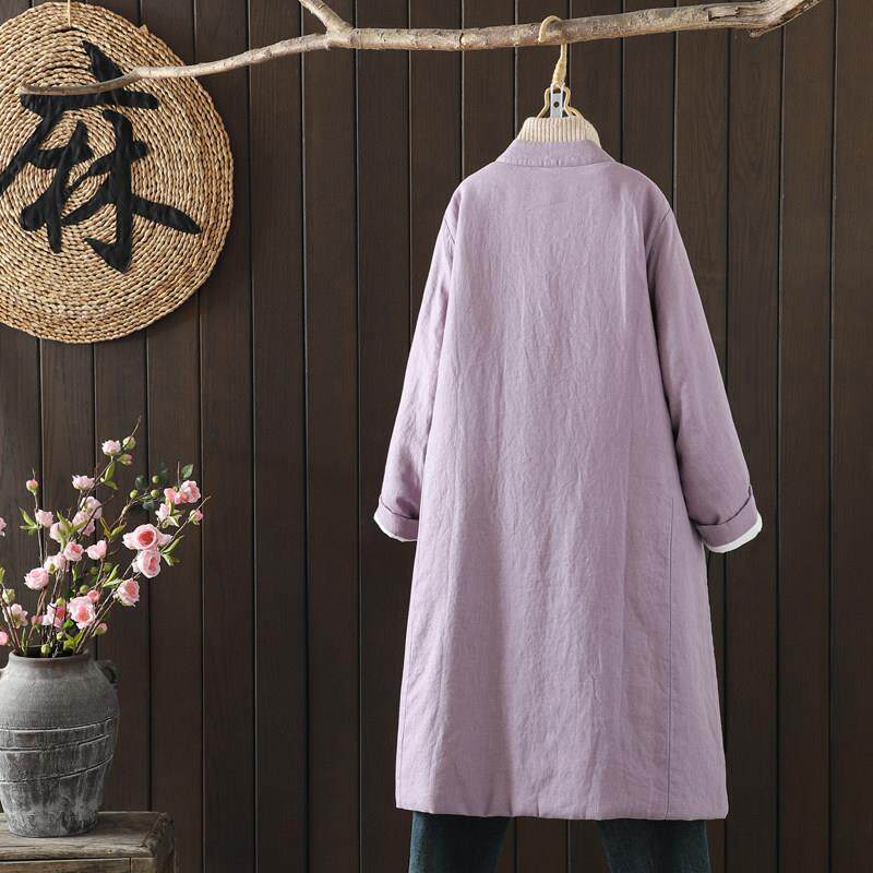 推荐外贸尾货剪标中式复古棉麻盘扣纯色棉服女秋冬中长款立领加厚