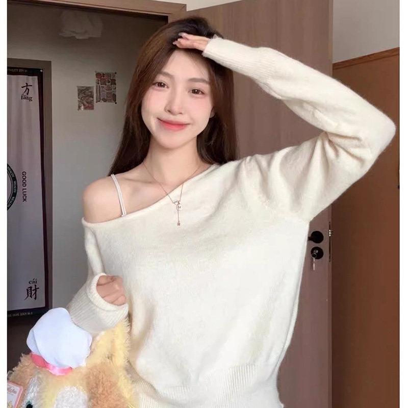 推荐2026春秋新款温柔纯色露肩针织衫女内搭外穿毛衣别致斜肩长袖