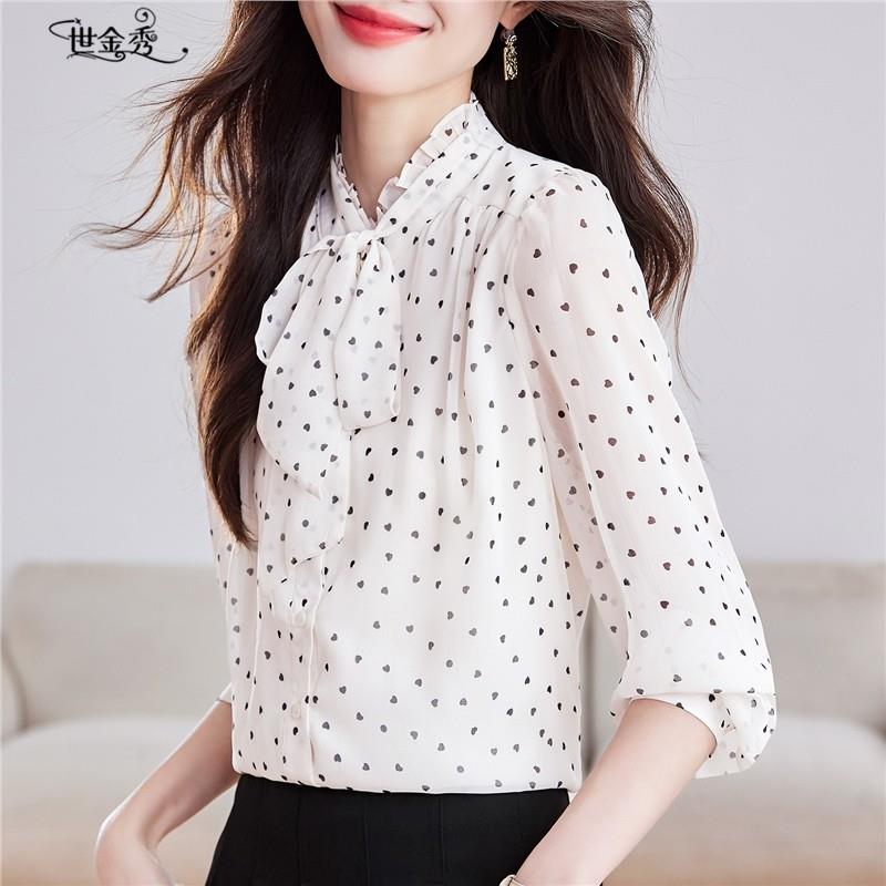 新品法式时尚波点长袖雪纺衫女2025秋装新款飘带漂亮洋气减龄妈妈