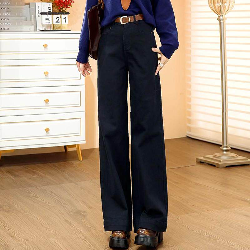 新品复古红色窄版牛仔直筒裤女秋季2025年新款宽松阔腿裤女拖地长