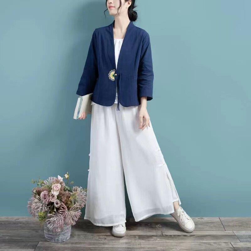 推荐复古新中式扇子绣花珠扣开衫女春秋宽松显瘦V领外搭上衣短外