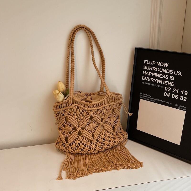 推荐韩国chic复古镂空编织女包流苏包旅行度假沙滩包大容量单肩腋