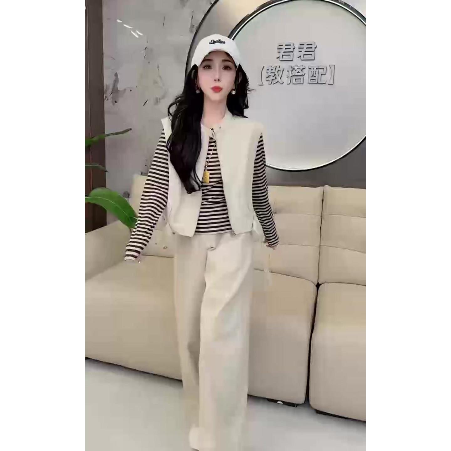 推荐时尚韩版三件套女2026秋季新款马甲+条纹打底衫+阔腿裤洋气套