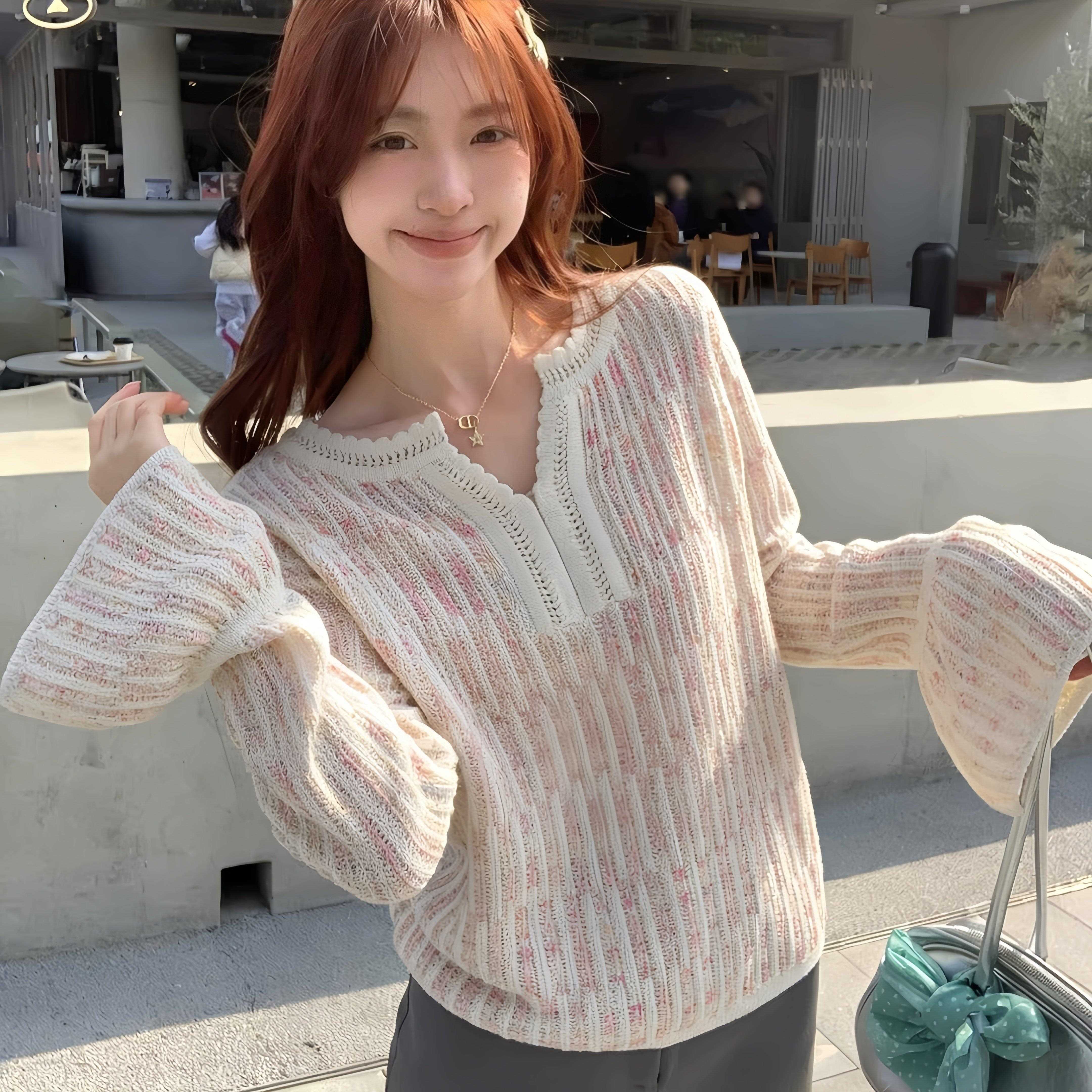 推荐韩系甜美减龄粉色V领镂空针织衫上衣女高级温柔感2026年春季
