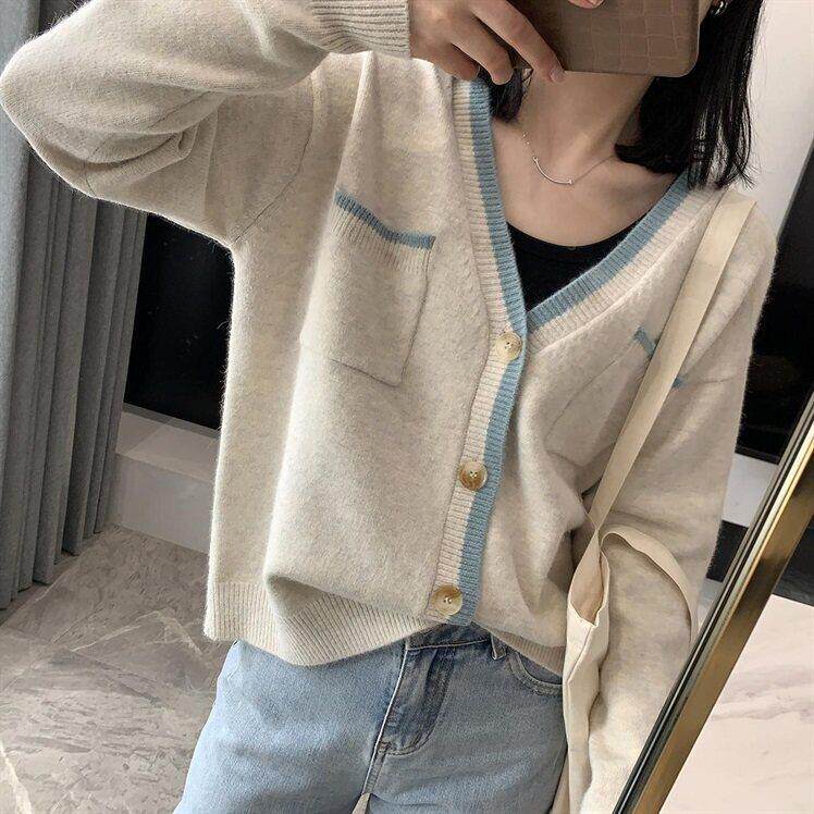 推荐粉色针织衫女秋款欧货宽松休闲慵懒针织开衫外套短款V领拼色