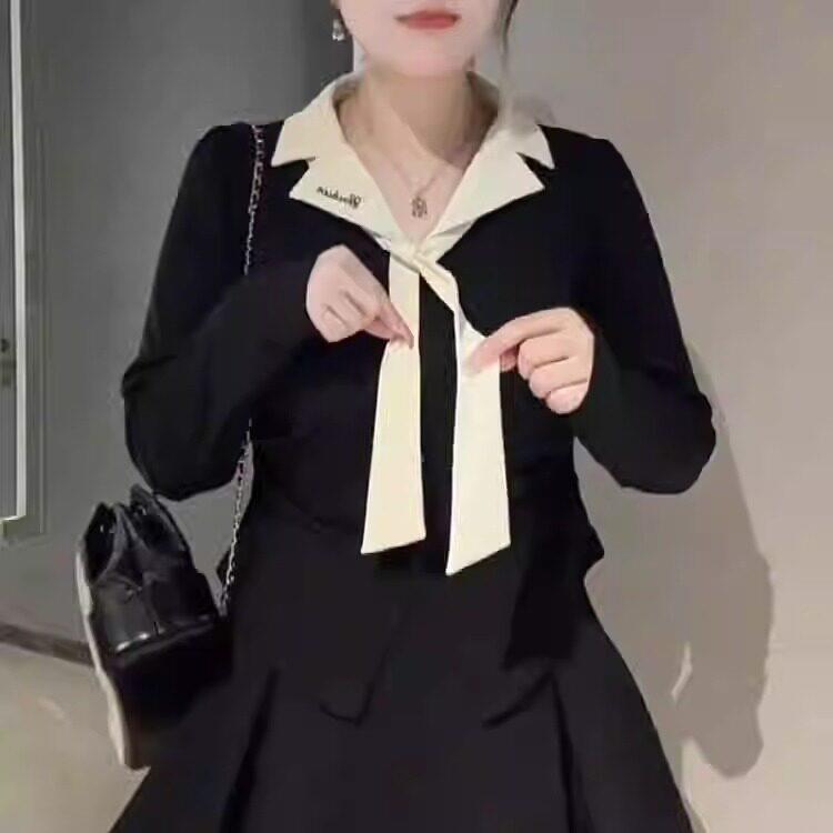 推荐大码设计感翻领长袖T恤女2026秋季新款胖mm遮肚显瘦小众开叉