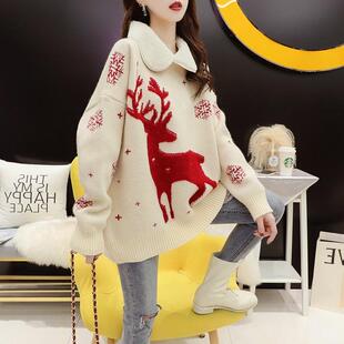 新品红色圣诞毛衣女宽松慵懒风加厚日系复古温柔上衣秋冬季2021年