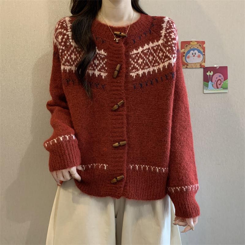推荐法式复古费尔岛牛角扣毛衣外套女秋冬大码胖mm慵懒高级感针织