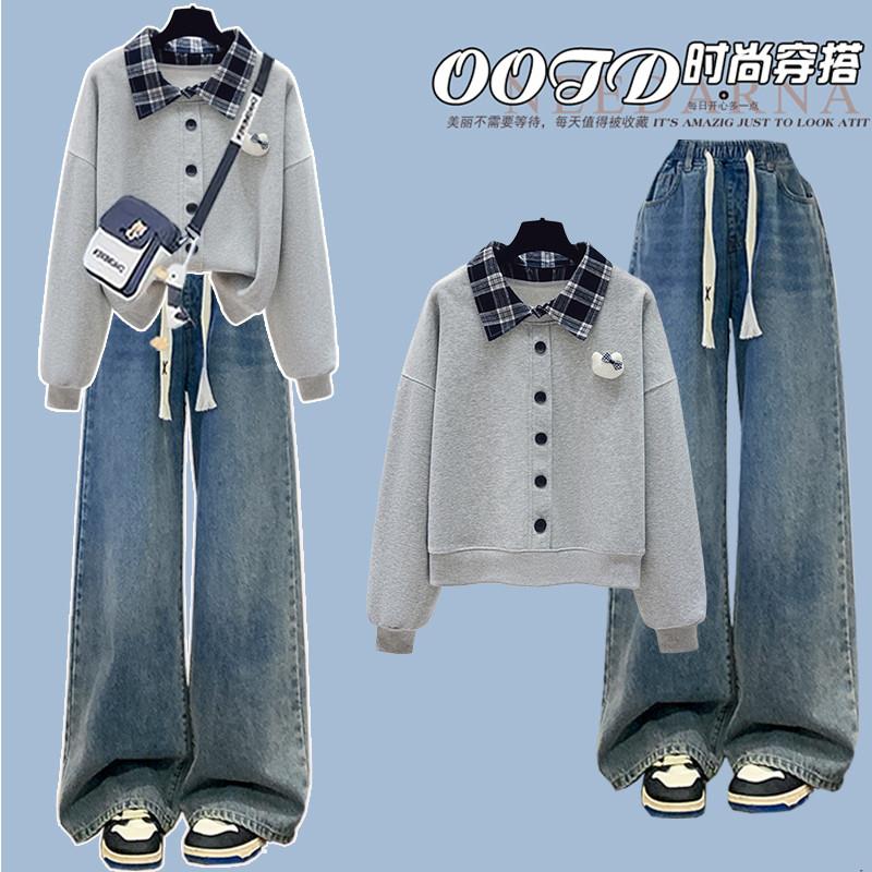 新品初高中学生假两件POLO格子领休闲运动套装少女学院风穿搭一整