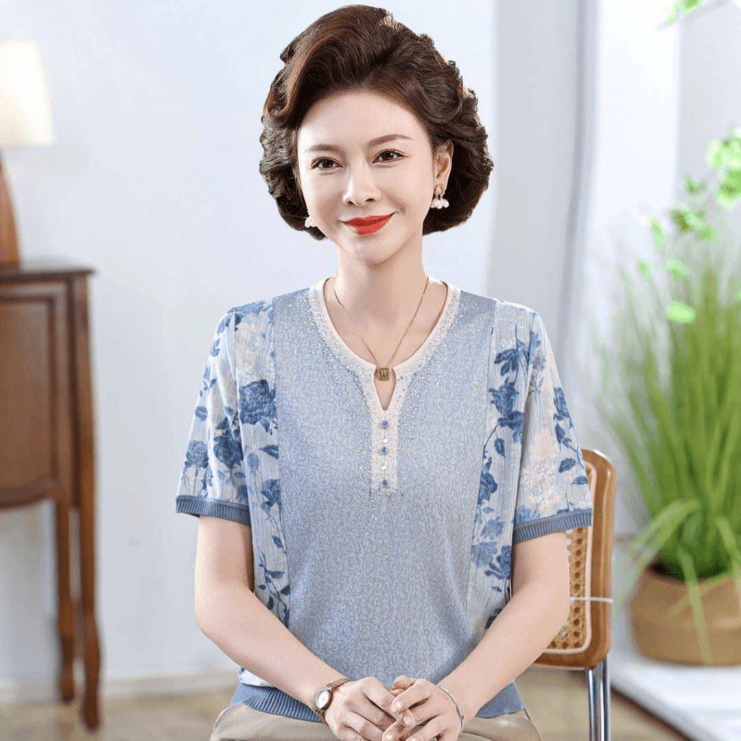 推荐妈妈春装新中式薄款针织纱袖打底上衣中老年女装国风七分袖T