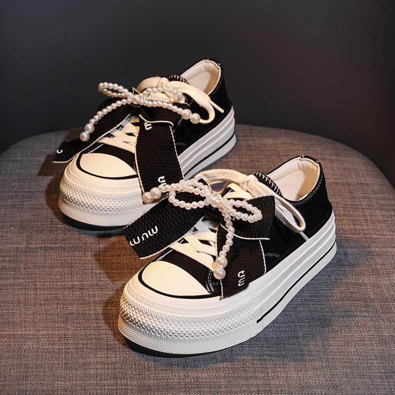 推荐珍珠蝴蝶结帆布鞋女20