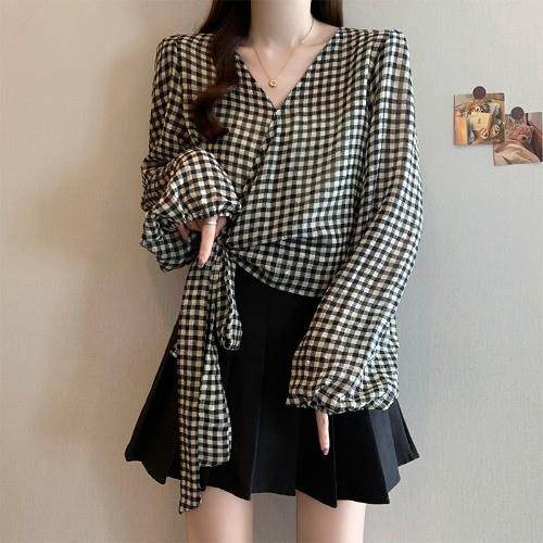 新品黑白格子V领正肩长袖衬衫女2025秋季大码胖mm绑带收腰不规则
