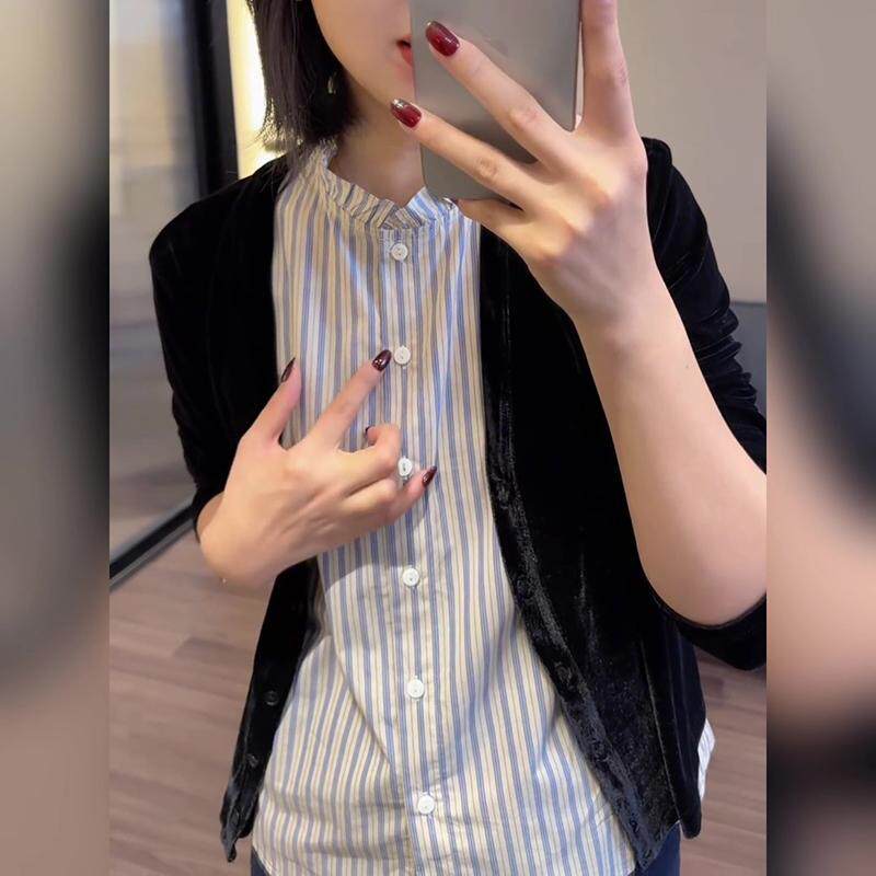 推荐洋气减龄竖条纹气质衬衫女春季新款荷叶领时尚百搭显瘦无袖上