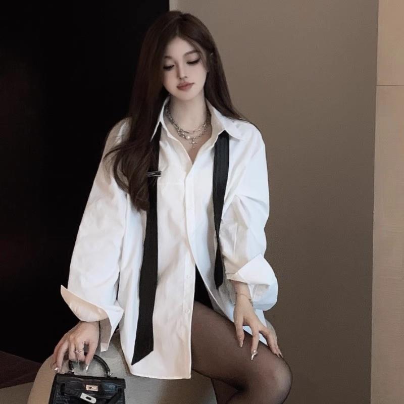 新品设计感小众甜辣宽松白色衬衫女长袖上衣学院风中长款性感百搭