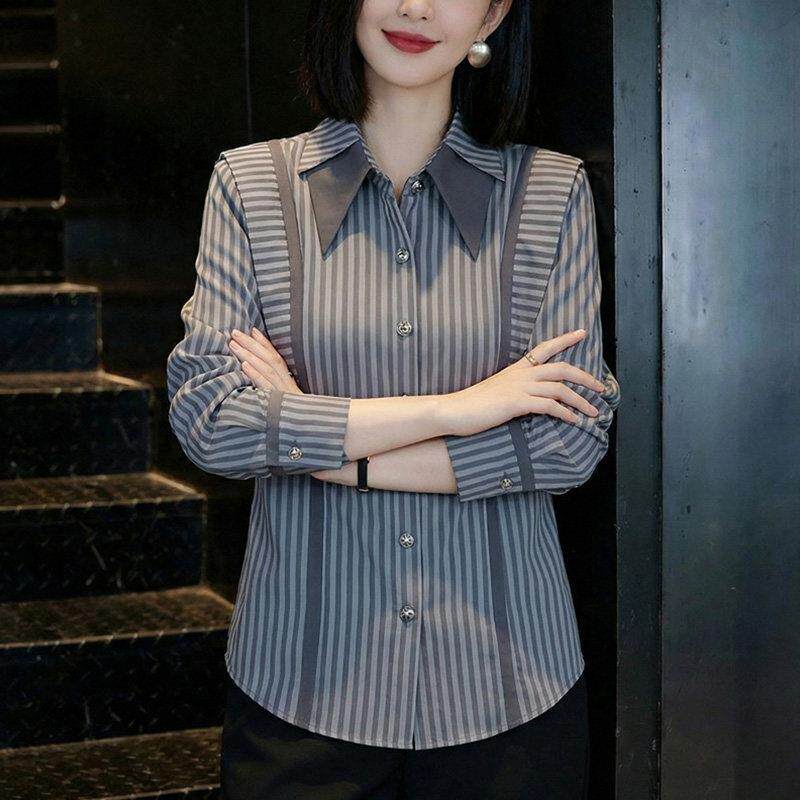 推荐条纹翻领衬衫女2026秋季新款高级感洋气减龄修身显瘦内搭衬衣