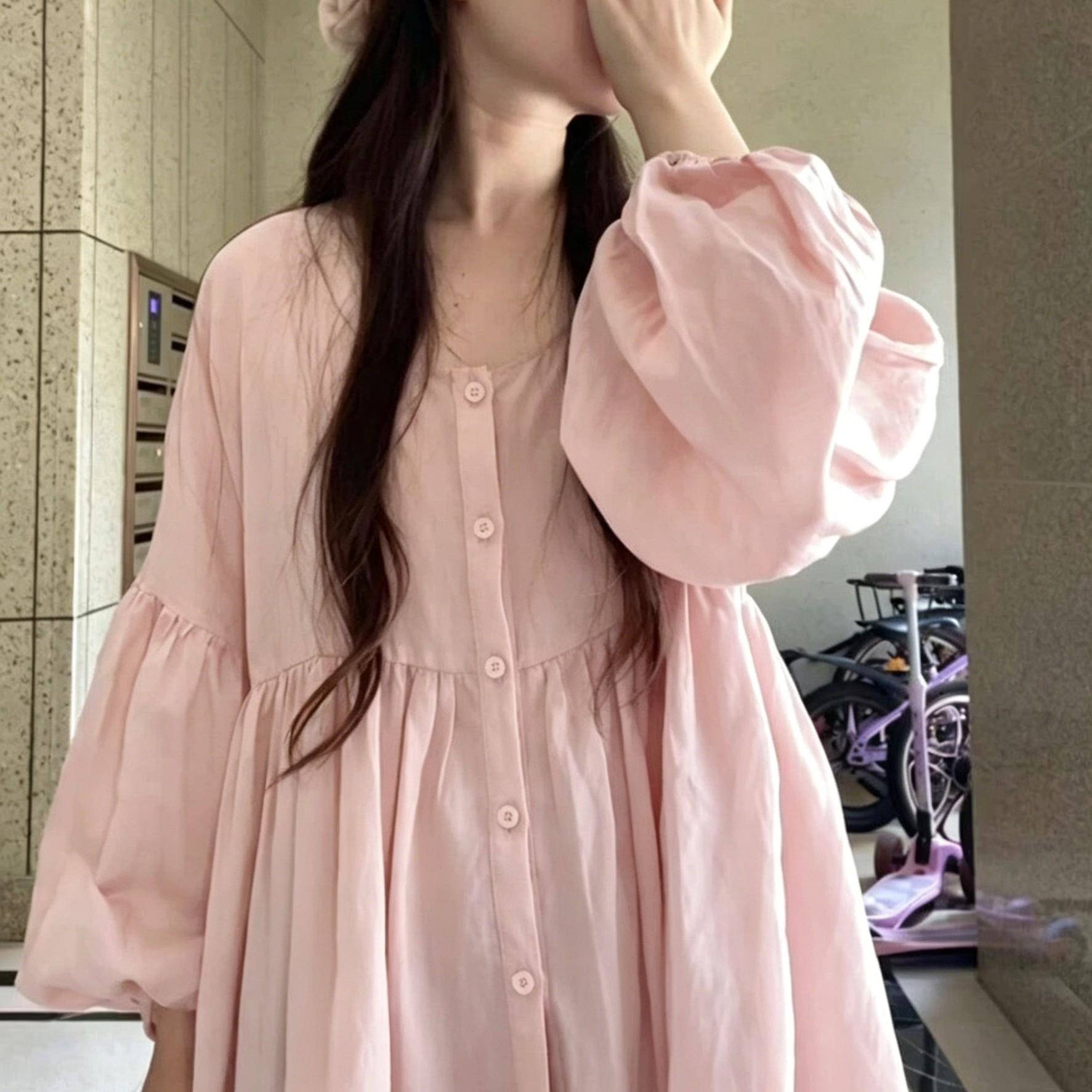 推荐春季粉色衬衫女灯笼袖中长款衬衣女高级感轻奢减龄洋气娃娃衫