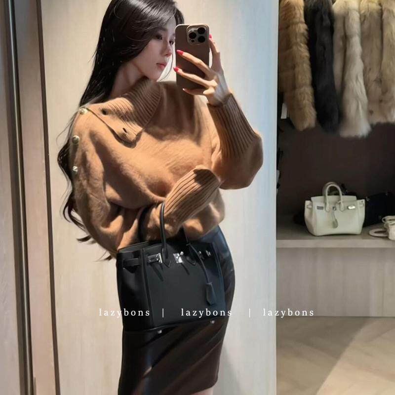 新品小香风针织衫女秋冬千金名媛气质慵懒高级感翻领软糯毛衣长袖