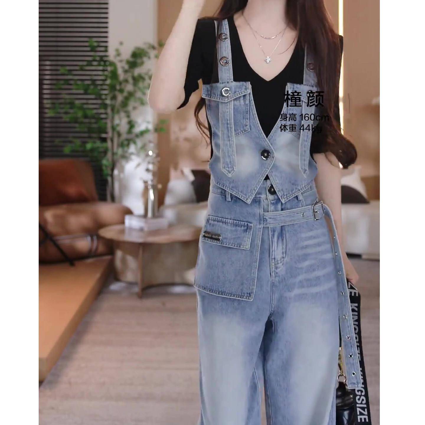 推荐网红时尚套装女2026春季新款背带假两件短袖+阔腿裤爆款两件