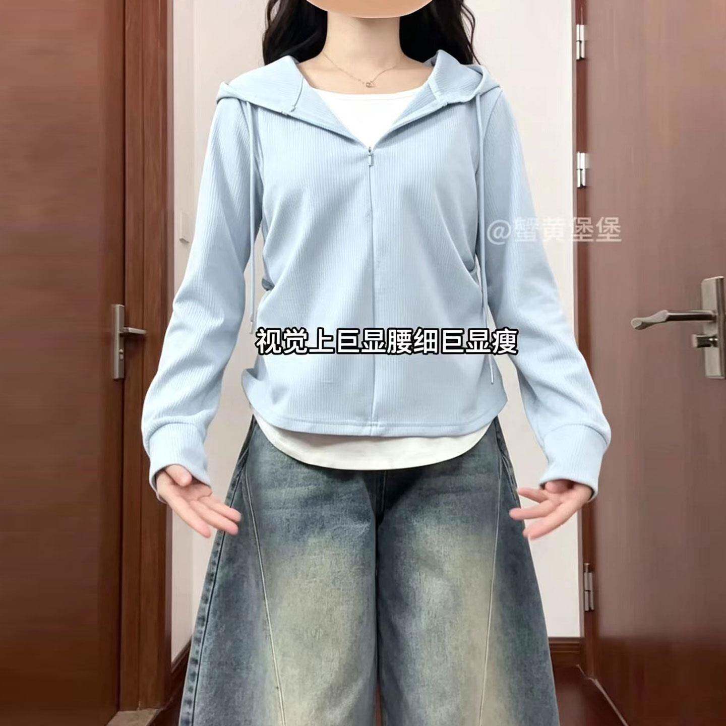 推荐大码韩系慵懒风连帽假两件卫衣女秋季胖mm蓝色显瘦设计感休闲