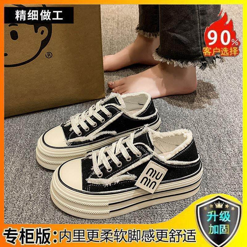 新品帆布鞋女鞋子2026新款春夏薄款透气厚底两穿一脚蹬小白鞋休闲