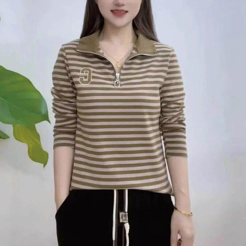 推荐条纹长袖纯棉t恤女士春秋新款中年妈妈polo衫洋气减龄打底衫