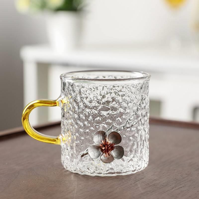 镶锡锤纹带把玻璃茶杯小杯子耐热功夫茶具品茗杯主人杯家用花茶杯