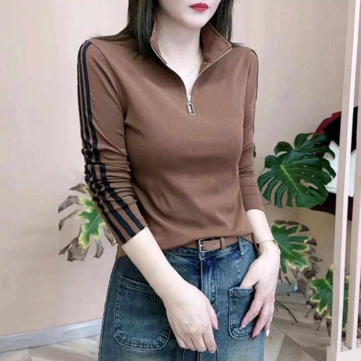 推荐欧货休闲半拉链长袖纯棉T恤上衣女新款时尚显瘦韩版立领百搭