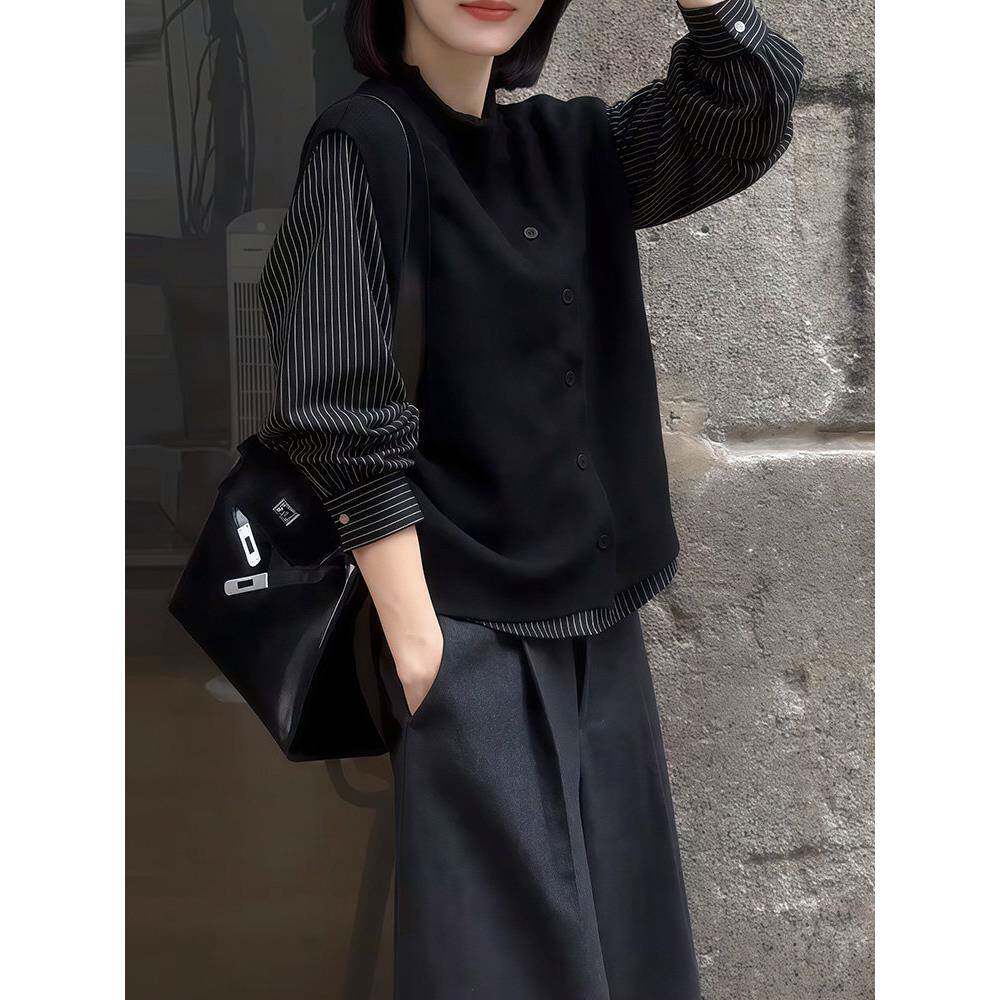 推荐高级感时尚条纹衬衫搭配简约马甲女2026年秋季新款休闲显瘦两
