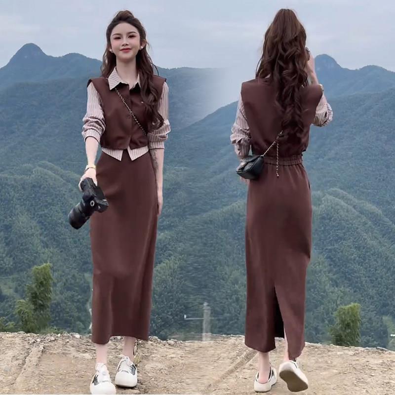 推荐时尚套装裙女2026秋季新款高级感洋气显瘦假两件衬衫半身裙两