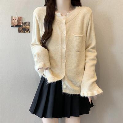 新品紫色短款针织开衫毛衣