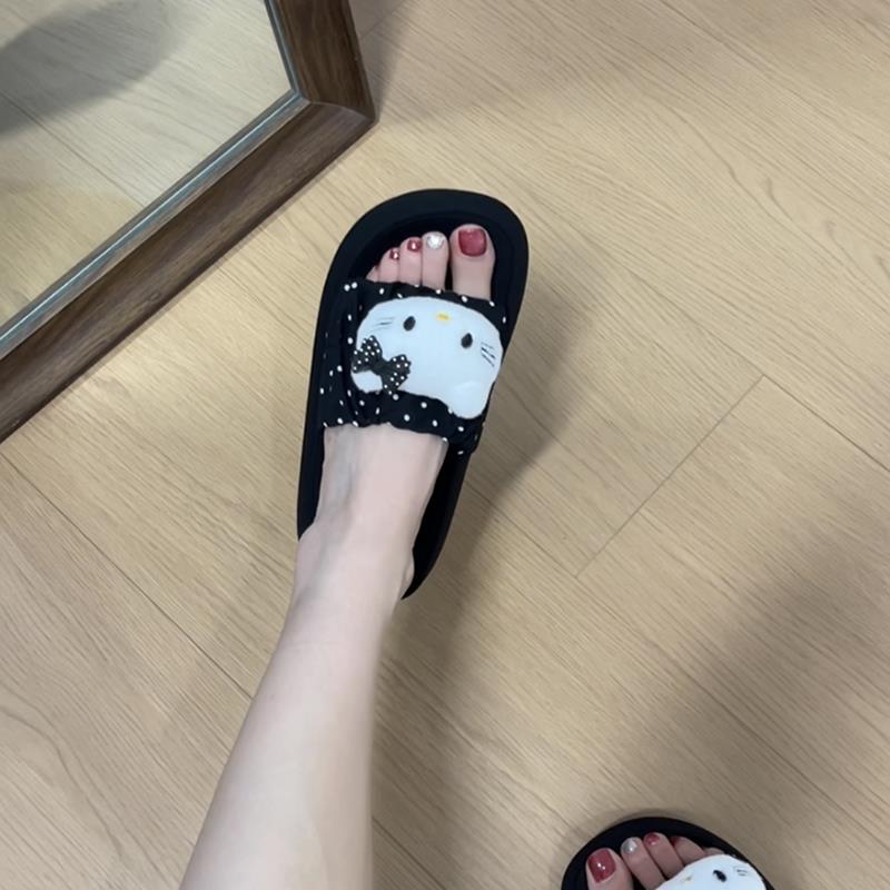推荐波点卡通可爱大头猫咪厚底坡跟一字拖女2026夏外穿防滑休闲凉