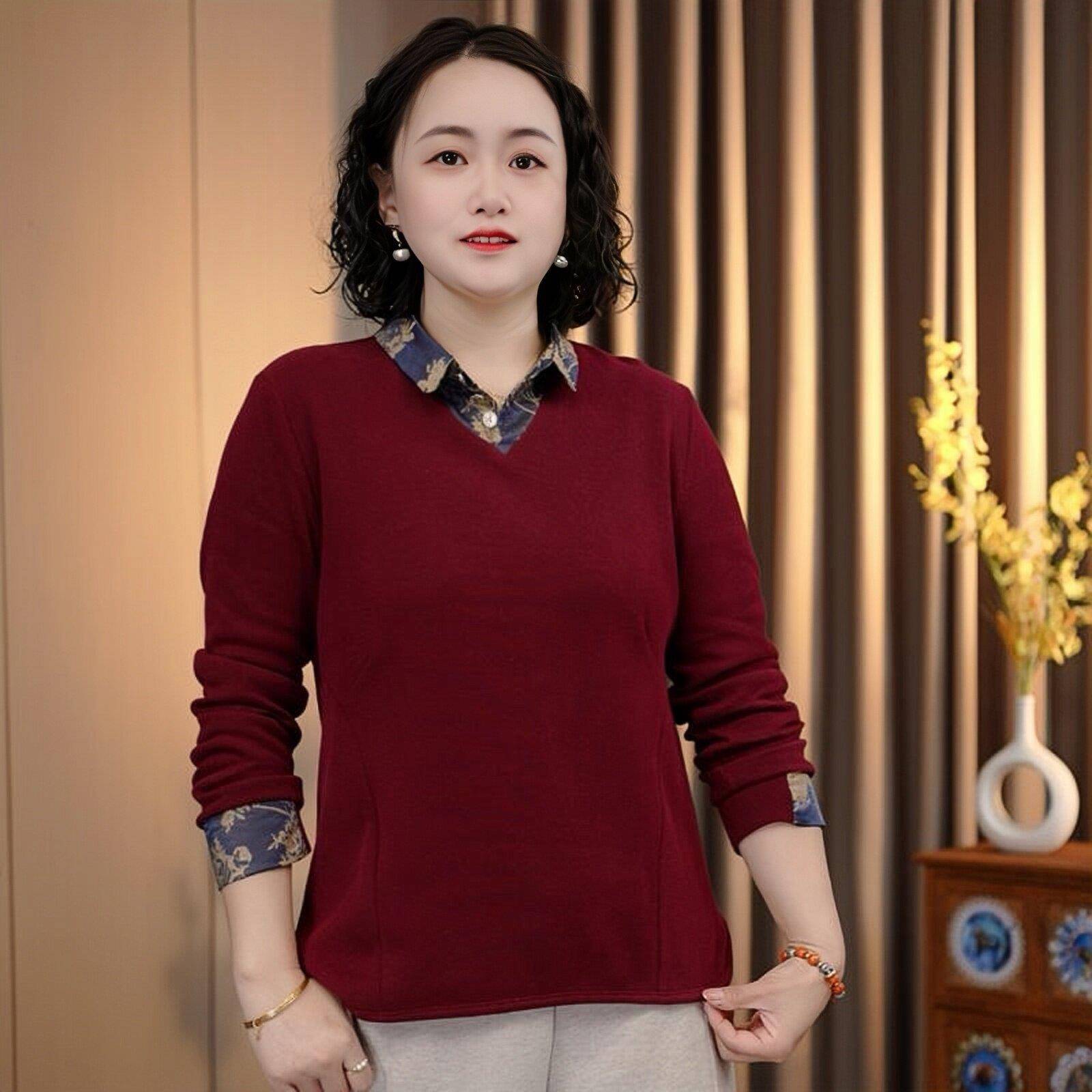 推荐中老年女装妈妈春装2026新款假两件上衣洋气宽松显瘦长袖打底