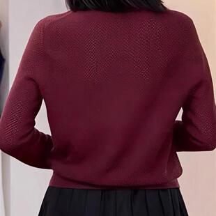 休闲百搭显瘦 女秋款 好货简约绝美砖红色Polo领单排扣长袖 针织开衫