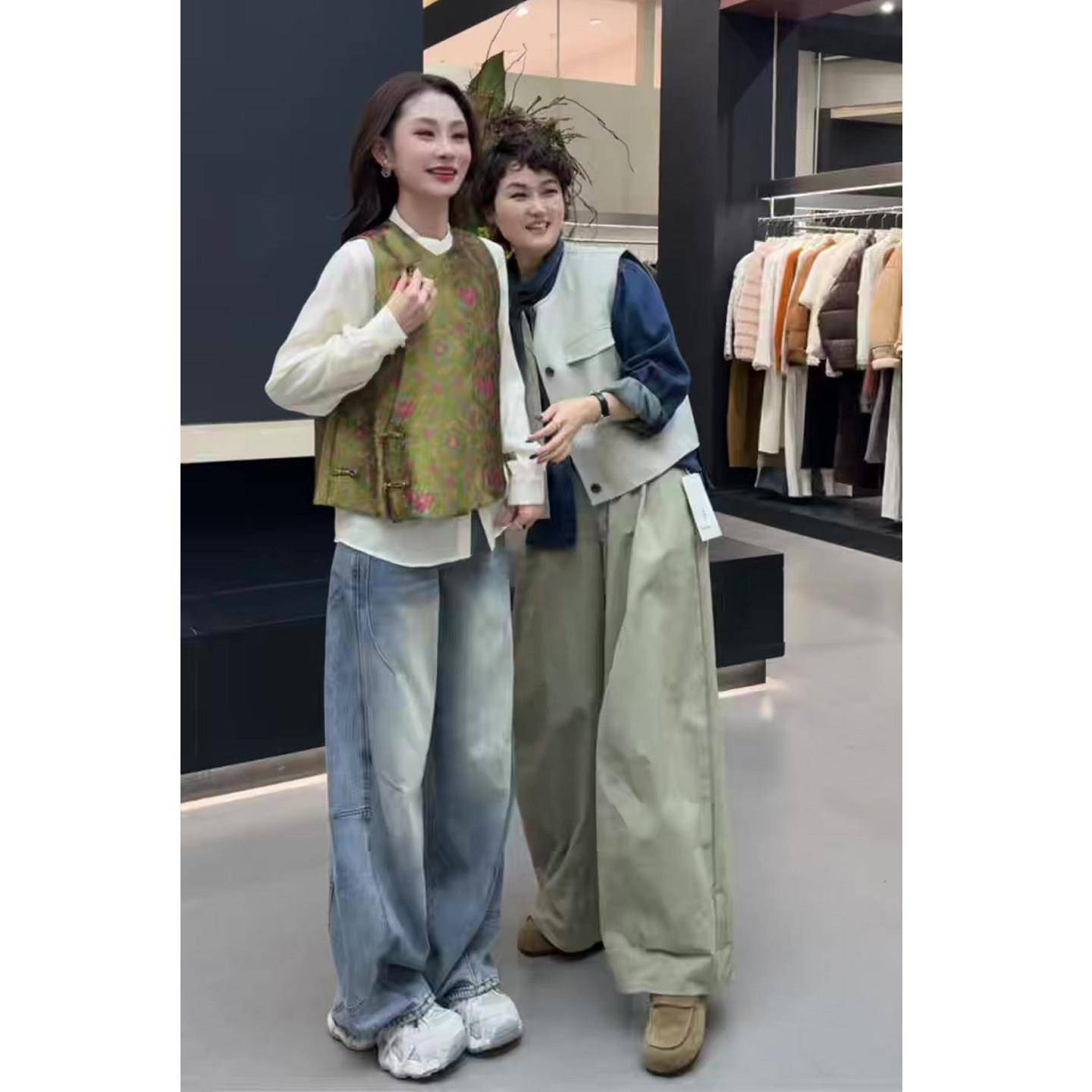 推荐中式复古套装女2026春季新款民族风马甲+打底衫+牛仔阔腿裤三