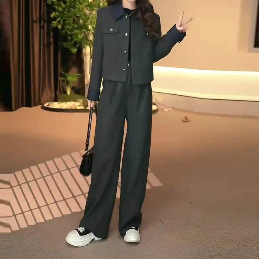 推荐休闲套装女时髦复古高级感POLO领长袖工装外套高腰显瘦长裤两
