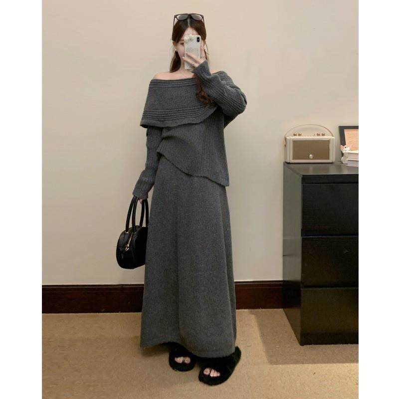 新品大码女装2025秋超火搭配一整套高级感一字肩针织毛衣半身裙两