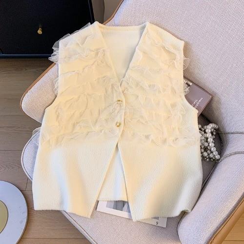 推荐法式网纱木耳边V领马