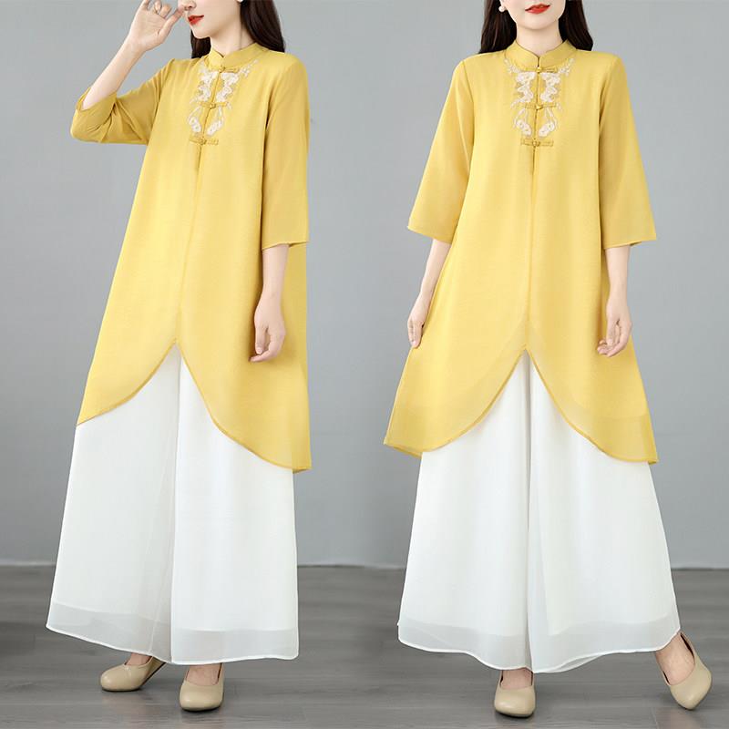 推荐新中式国风套装女仙气疗愈禅服上衣阔腿裤两件改良汉服刺绣雪