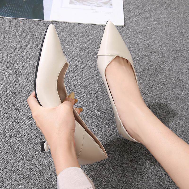 新品高跟鞋女细跟2026夏新款软皮舒适单鞋黑色尖头低跟职业正装工