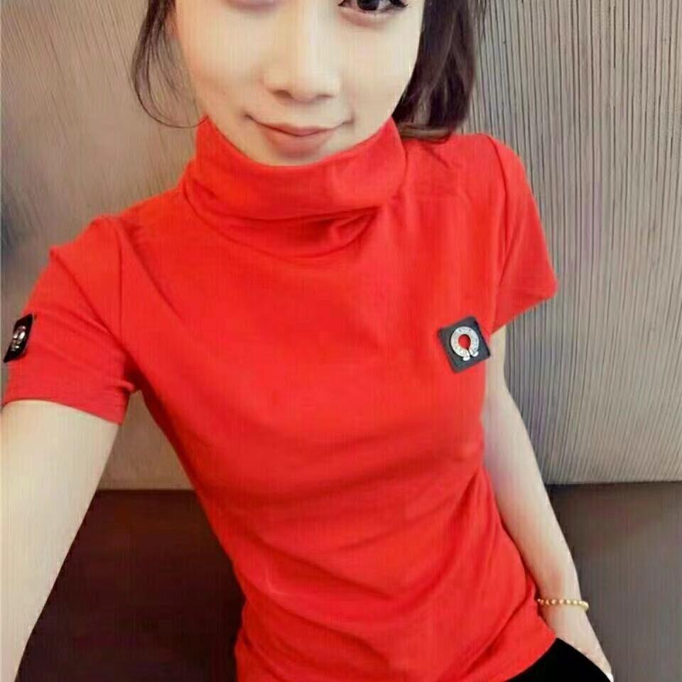 推荐半高领短袖t恤女春秋2026欧货爆款大码女装堆堆领小衫修身打