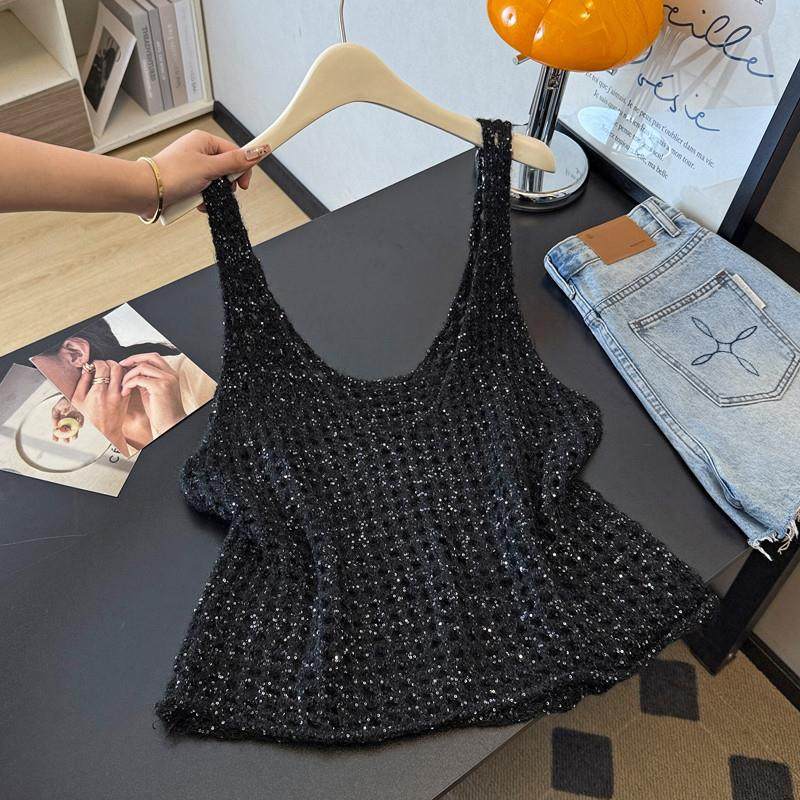 新品亮闪闪镂空针织背心马甲女外搭春秋2025大码胖mm显瘦短款叠穿