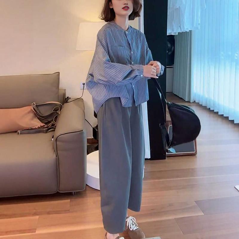 推荐早秋穿搭一整套女韩版复古气质感圆领条纹衬衫休闲简约宽松九