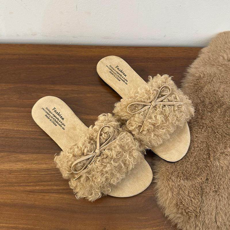 新品仙女风蓬松毛毛拖鞋女外穿2025新款蝴蝶结平底防滑家用室内棉