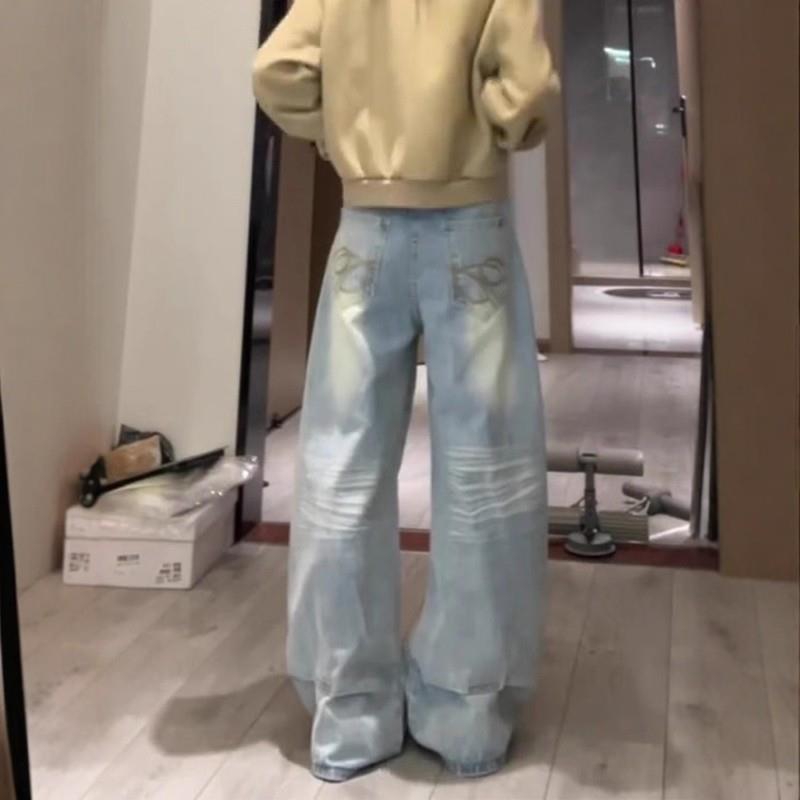 推荐大码复古美式牛仔裤女秋季胖mm梨形身材宽松高腰显瘦直筒阔腿