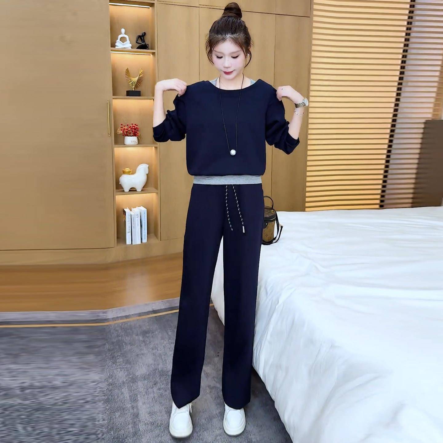 推荐时尚休闲套装女2026秋季新款洋气显瘦假两件长袖卫衣阔腿裤两
