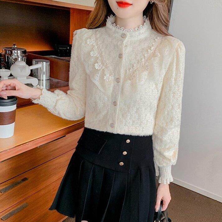推荐重工蕾丝钩花拼接绝美漂亮打底衫衬衫可外穿加绒加厚上衣2026