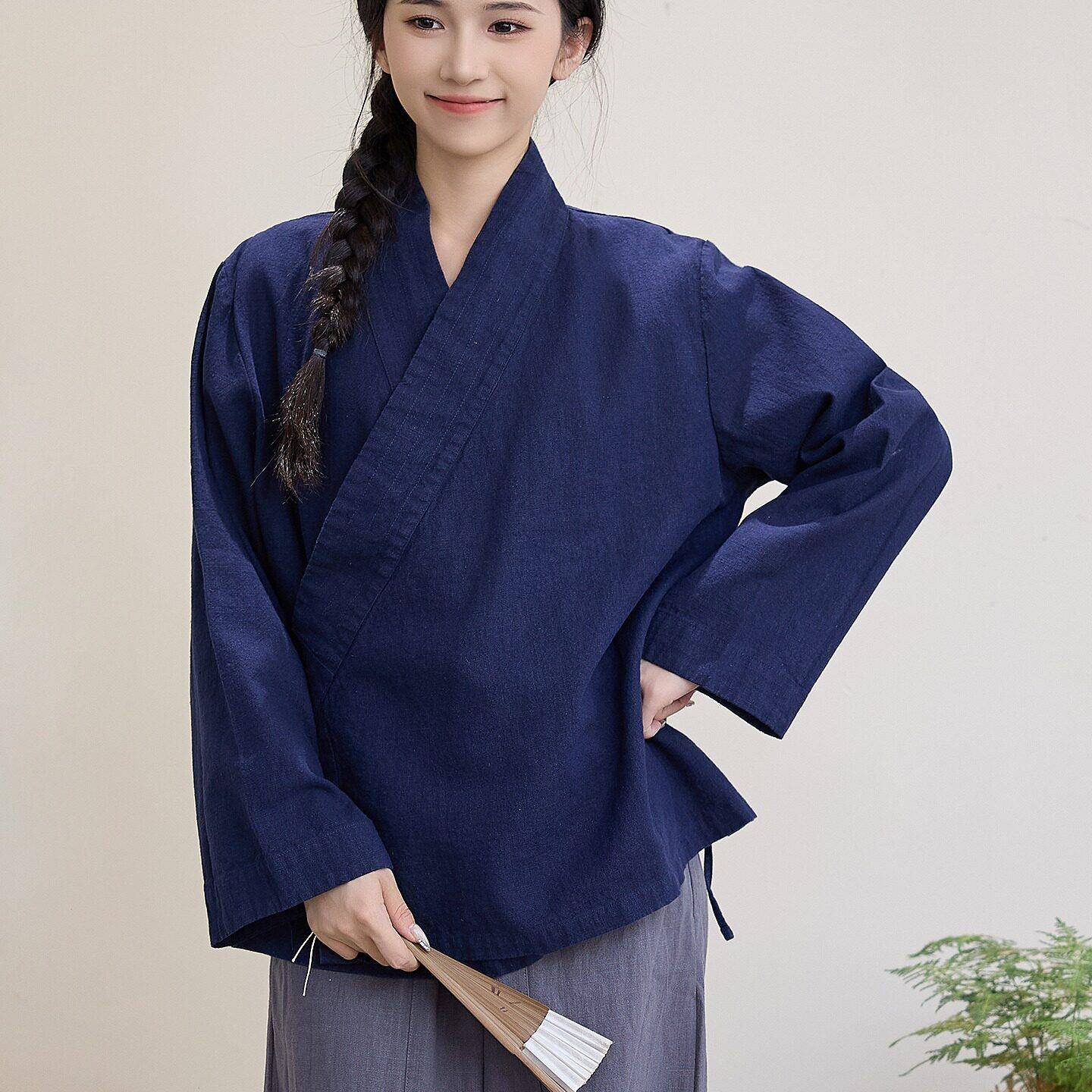 推荐中国风复古宽松休闲斜襟汉服衫长袖亚麻练功休闲太极服居士道