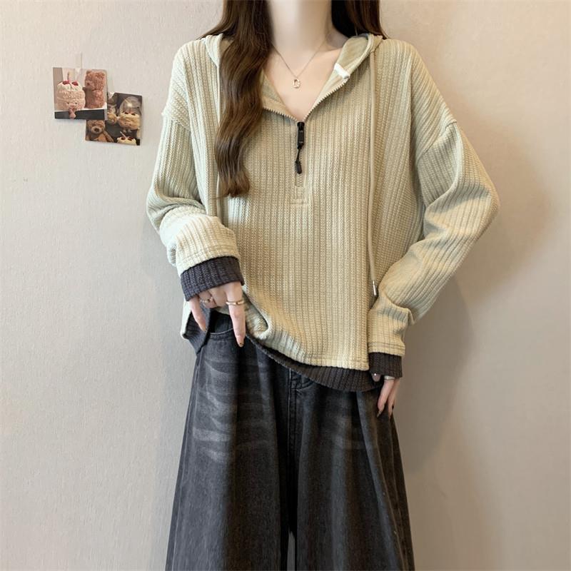 新品半拉链连帽卫衣女秋季2025新款大码显瘦休闲慵懒风短款针织衫