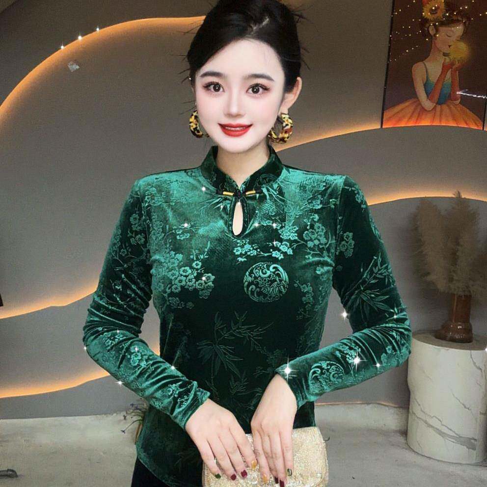 推荐新中式立领紫色丝绒打底衫女2026新款洋气妈妈装气质高档旗袍