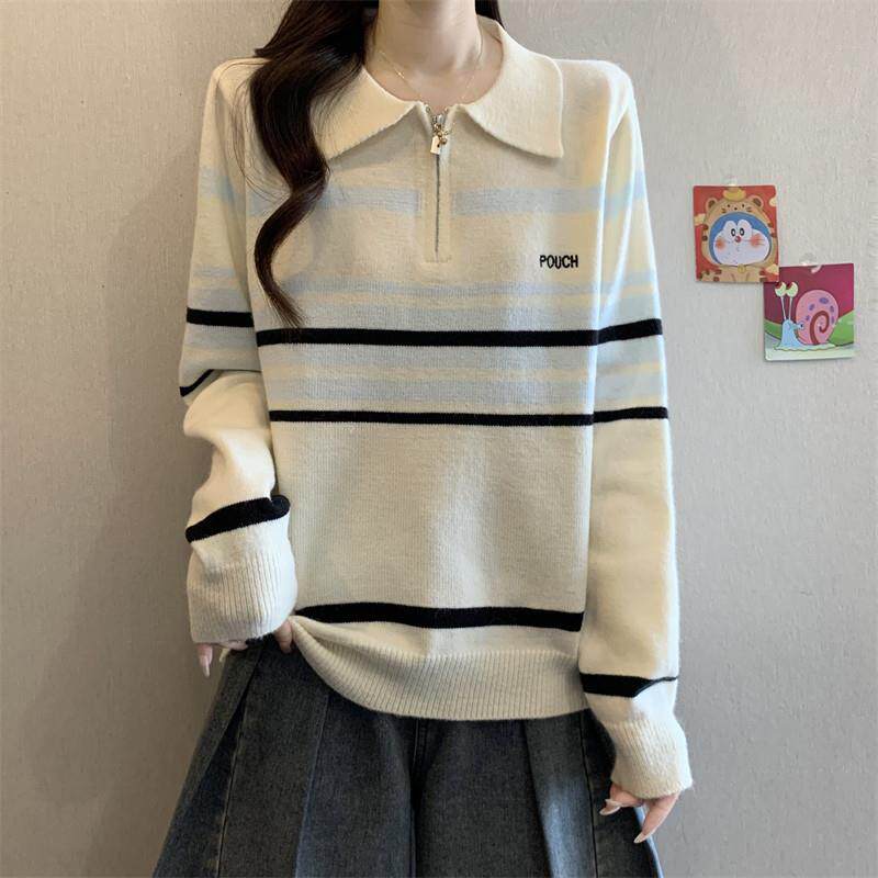 新品韩系POLO领条纹针织衫毛衣女秋冬大码胖mm宽松显瘦半拉链减龄